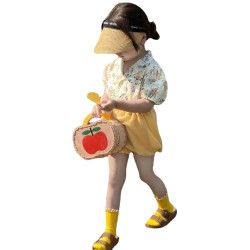 2025夏款韓系女小童炸街款復古碎花繙領襯衫+黃色燈籠褲兩件套裝