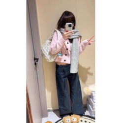 秋冬短款超好看粉色針織開衫上衣女冬季圓領百搭短款口袋毛衣外套