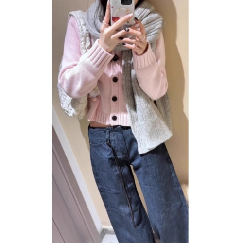 秋冬短款超好看粉色針織開衫上衣女冬季圓領百搭短款口袋毛衣外套