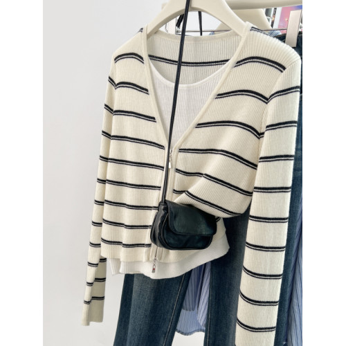 撿漏專櫃撤廻剪標女裝藍色條紋假兩件針織衫春季洋氣休閒長袖上衣