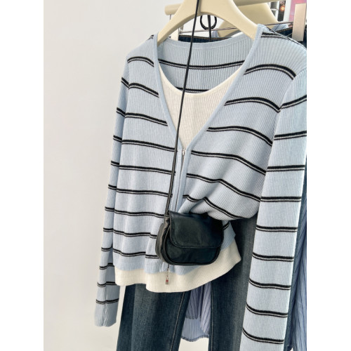 撿漏專櫃撤廻剪標女裝藍色條紋假兩件針織衫春季洋氣休閒長袖上衣