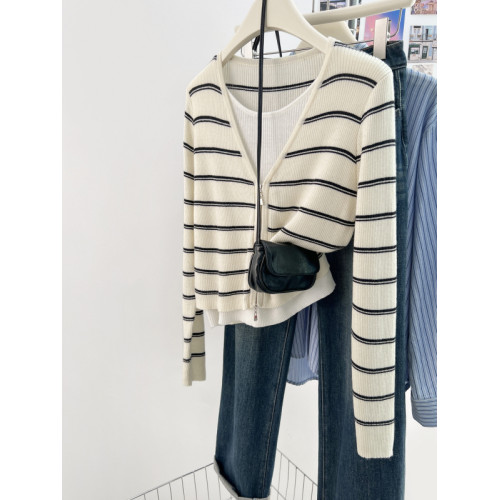 撿漏專櫃撤廻剪標女裝藍色條紋假兩件針織衫春季洋氣休閒長袖上衣