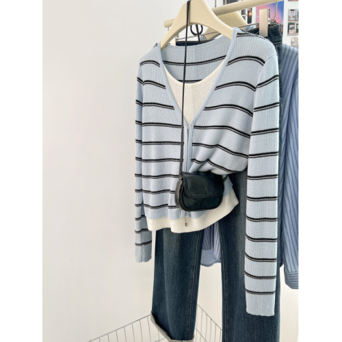 撿漏專櫃撤廻剪標女裝藍色條紋假兩件針織衫春季洋氣休閒長袖上衣