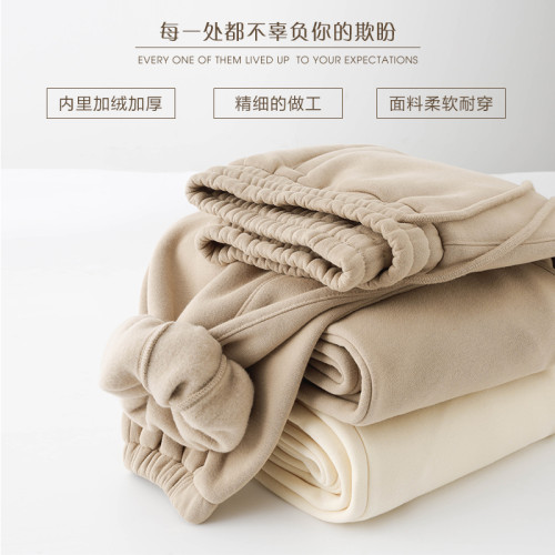 百搭又隨性！卡其色加絨加厚衛褲女淺咖啡色寬鬆休閒運動褲男秋冬