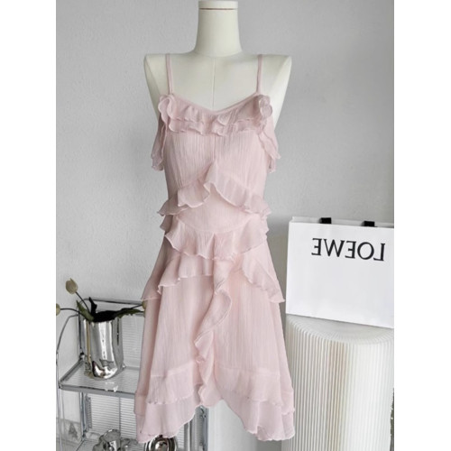 三兩甜 不規則收腰吊帶裙女夏季2025新款設計感小衆荷葉邊連衣裙