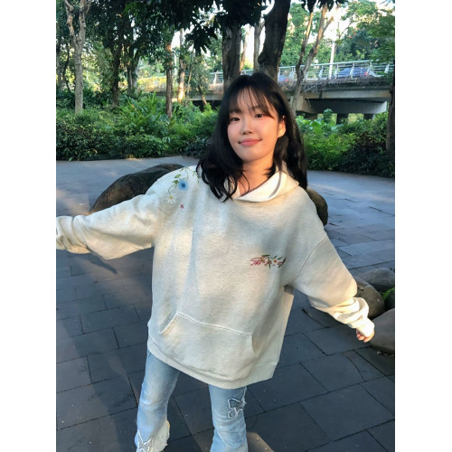 美式復古花卉刺綉連帽衛衣女早秋薄款潮牌寬鬆設計感小衆情侶上衣