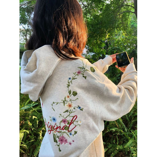 美式復古花卉刺綉連帽衛衣女早秋薄款潮牌寬鬆設計感小衆情侶上衣