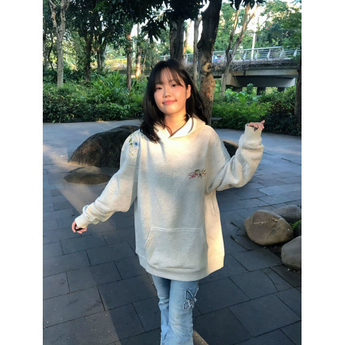 美式復古花卉刺綉連帽衛衣女早秋薄款潮牌寬鬆設計感小衆情侶上衣