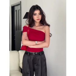 斜肩上衣夏季新款薄款辣妹設計感短款T恤女