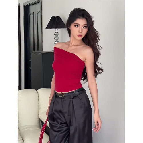 斜肩上衣夏季新款薄款辣妹設計感短款T恤女