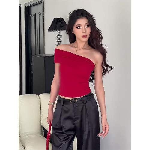 斜肩上衣夏季新款薄款辣妹設計感短款T恤女