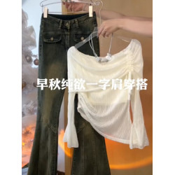 上身巨好看~一字肩喇叭袖辣妹長袖上衣新款不規則薄款防曬T恤套裝