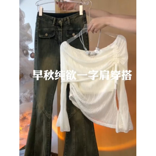 上身巨好看~一字肩喇叭袖辣妹長袖上衣新款不規則薄款防曬T恤套裝