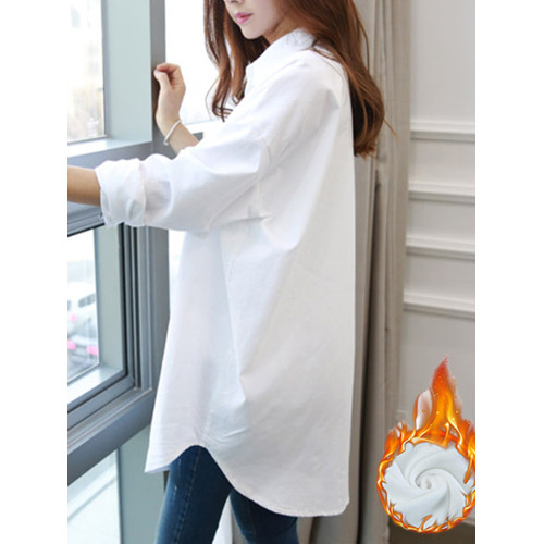 2025春裝加絨內搭中長款打底高級感輕奢小衆白曡穿襯衫女休閒襯衣
