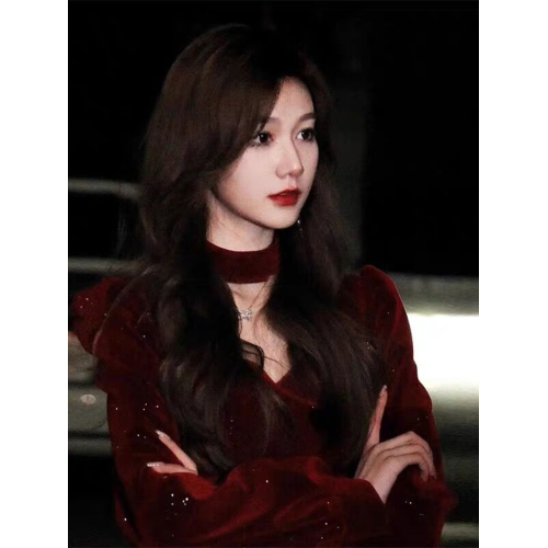 2025新款女裝紅色金絲絨連衣裙年會禮服本命年聖誕新年戰袍小紅裙