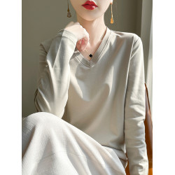 2025新款絲光棉純棉V領長袖T恤女春秋寬鬆內搭百搭打底衫親膚透氣