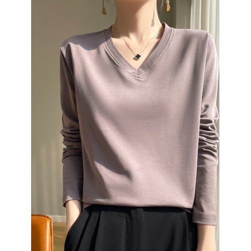 2025新款絲光棉純棉V領長袖T恤女春秋寬鬆內搭百搭打底衫親膚透氣