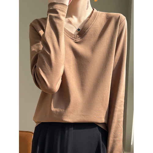 2025新款絲光棉純棉V領長袖T恤女春秋寬鬆內搭百搭打底衫親膚透氣