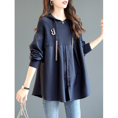 氣質春秋季針織拼接女裝長袖連帽上衣休閒2026中長款慵懶衛衣新款