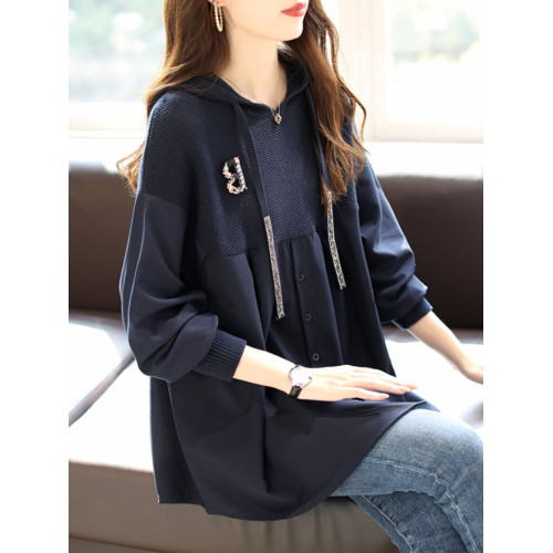 氣質春秋季針織拼接女裝長袖連帽上衣休閒2026中長款慵懶衛衣新款