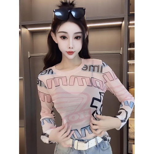 韓版高級感字母冰絲網紗長袖T恤女夏季新款粉色潮牌圓領防曬上衣
