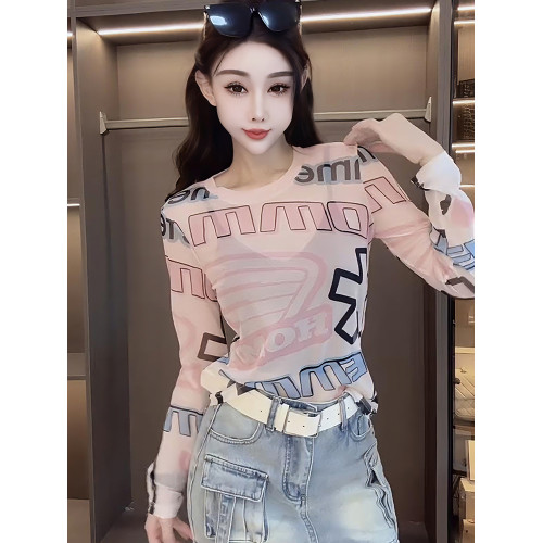 韓版高級感字母冰絲網紗長袖T恤女夏季新款粉色潮牌圓領防曬上衣