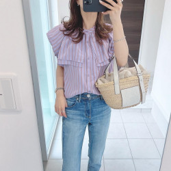 爆款來襲！私藏減齡單品 立領雙層披肩海軍領提花條紋襯衫