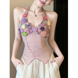 設計感重工立體花朵掛脖背心女裝夏季辣妹別致不規則修身短款上衣