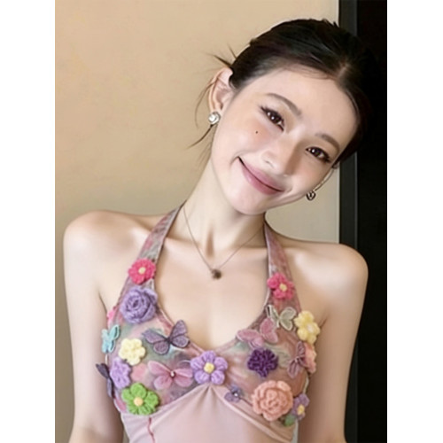 設計感重工立體花朵掛脖背心女裝夏季辣妹別致不規則修身短款上衣