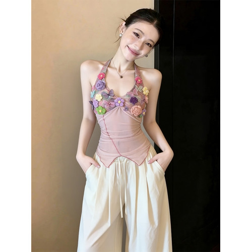 設計感重工立體花朵掛脖背心女裝夏季辣妹別致不規則修身短款上衣