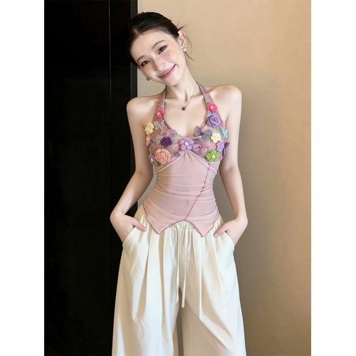 設計感重工立體花朵掛脖背心女裝夏季辣妹別致不規則修身短款上衣