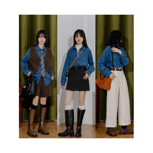 六條貓studio復古柔絲絨長袖襯衫女日系休閒曡穿內搭外穿百搭襯衣