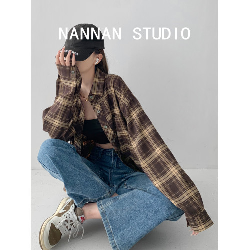 冪式穿搭復古格子男友襯衫女春秋街頭感寬鬆中長款長袖襯衣ins潮