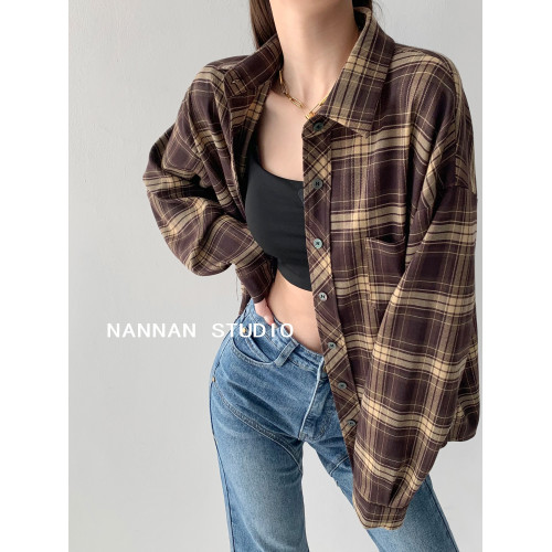 冪式穿搭復古格子男友襯衫女春秋街頭感寬鬆中長款長袖襯衣ins潮