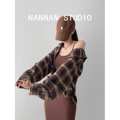 冪式穿搭復古格子男友襯衫女春秋街頭感寬鬆中長款長袖襯衣ins潮