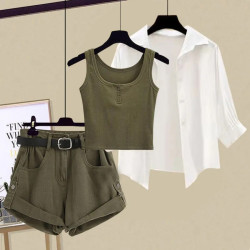 小衆短款白色防曬襯衫秋季2026新款內搭吊帶背心搭配顯瘦牛仔短褲