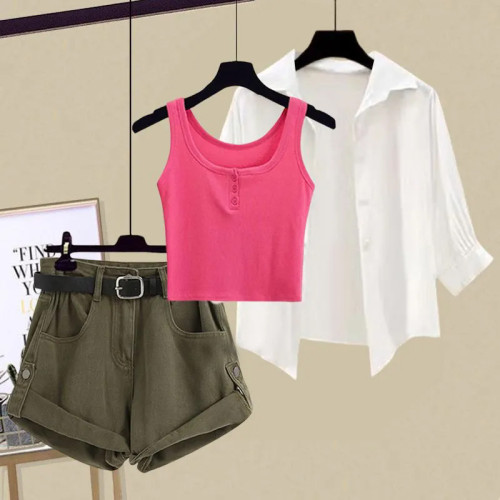 小衆短款白色防曬襯衫秋季2026新款內搭吊帶背心搭配顯瘦牛仔短褲