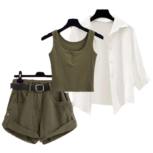 小衆短款白色防曬襯衫秋季2026新款內搭吊帶背心搭配顯瘦牛仔短褲