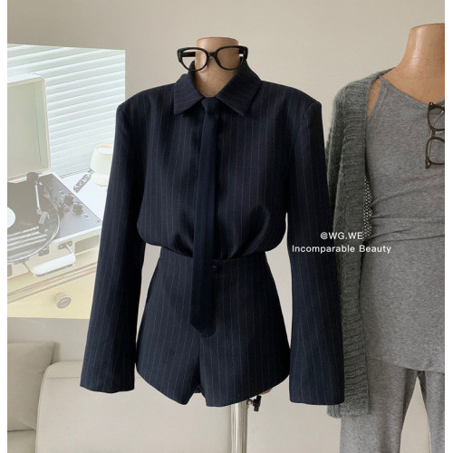 認真賣 禦姐風高級感條紋西裝襯衫女秋高腰短褲辣妹顯瘦兩件套