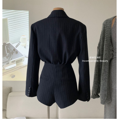 認真賣 禦姐風高級感條紋西裝襯衫女秋高腰短褲辣妹顯瘦兩件套