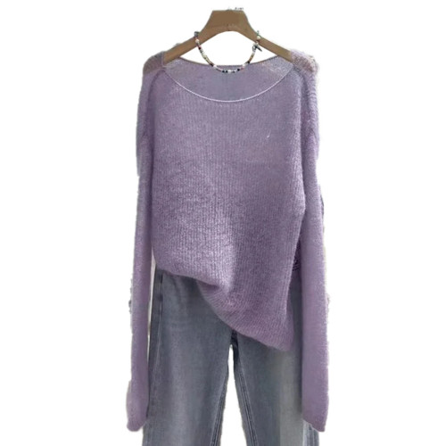 歐洲站高品質紫色馬海毛針織衫2025春秋新款氣質優雅軟糯套頭毛衣