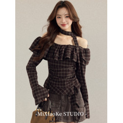 羋小可法式復古格子一字肩長袖襯衫女秋冬新款上衣加厚內搭打底衫