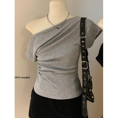 認真賣 小衆不規則絕美斜肩短袖T恤設計感修身顯瘦露肩韓系上衣