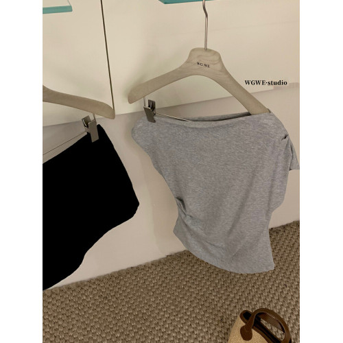 認真賣 小衆不規則絕美斜肩短袖T恤設計感修身顯瘦露肩韓系上衣