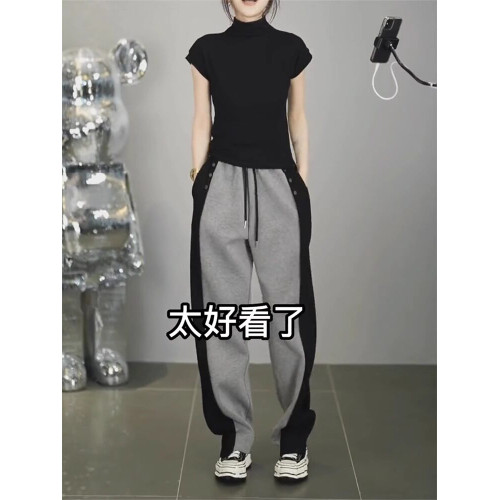 春秋新款潮搭高腰顯瘦修容休閒褲女潮流微胖寬鬆濶腿褲隂影直筒褲