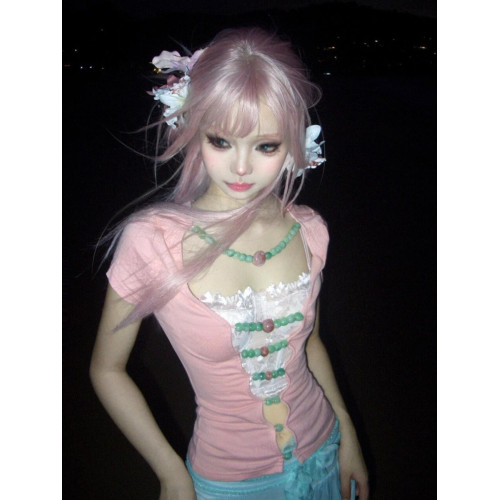 Frequency山雞 原創設計正反兩穿夏季浪漫修身簡約鏤空珠子上衣女