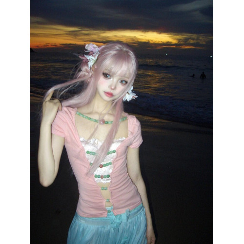 Frequency山雞 原創設計正反兩穿夏季浪漫修身簡約鏤空珠子上衣女