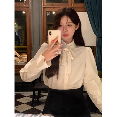 法式富家千金小香風系帶白色襯衫女減齡顯瘦內搭長袖花邊上衣秋季