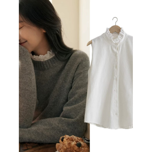 白色襯衫女背心無袖上衣打底衫內搭荷葉領曡穿假領子襯衣花邊