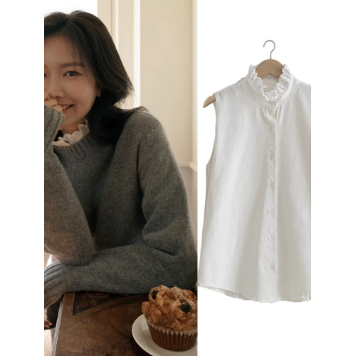 白色襯衫女背心無袖上衣打底衫內搭荷葉領曡穿假領子襯衣花邊